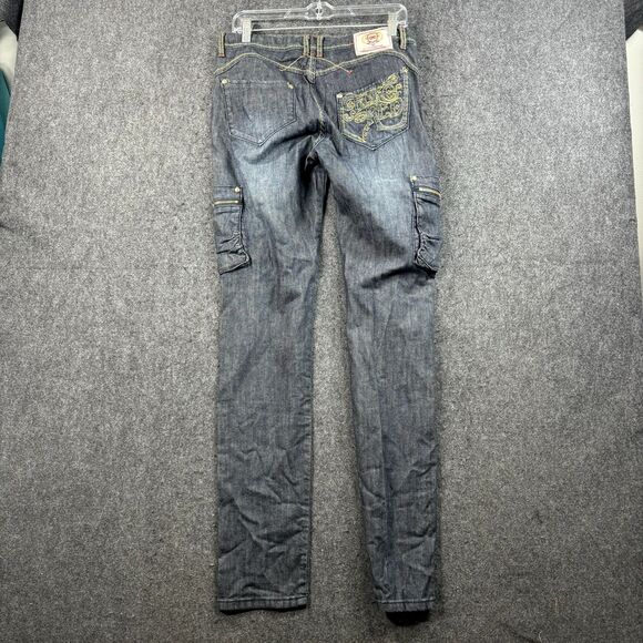 Echo Red Denim Jeans Women's 13/14 Blue Dark Wash Cargo Pockets Embroidered - Picture 7 of 11
